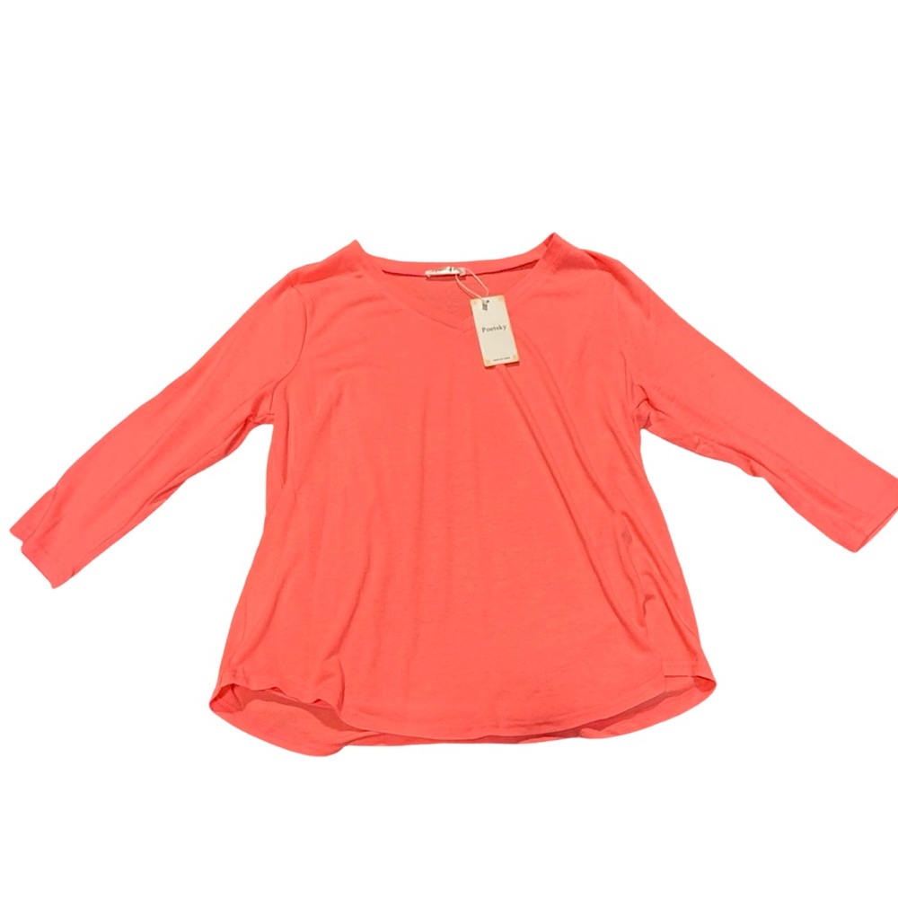 Poetsky Casual V Neck Long Sleeve Tunic Top Coral Pink‎ Women’s XL